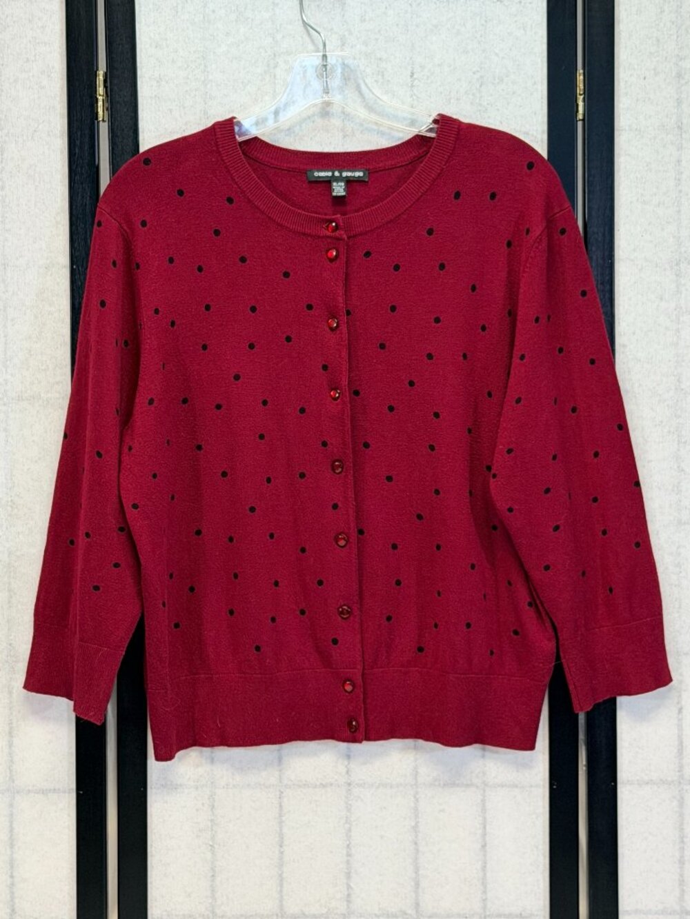 Cable & Gauge XL Polka Dot Cardigan Sweater Maroon Black Button Up Crew Neck